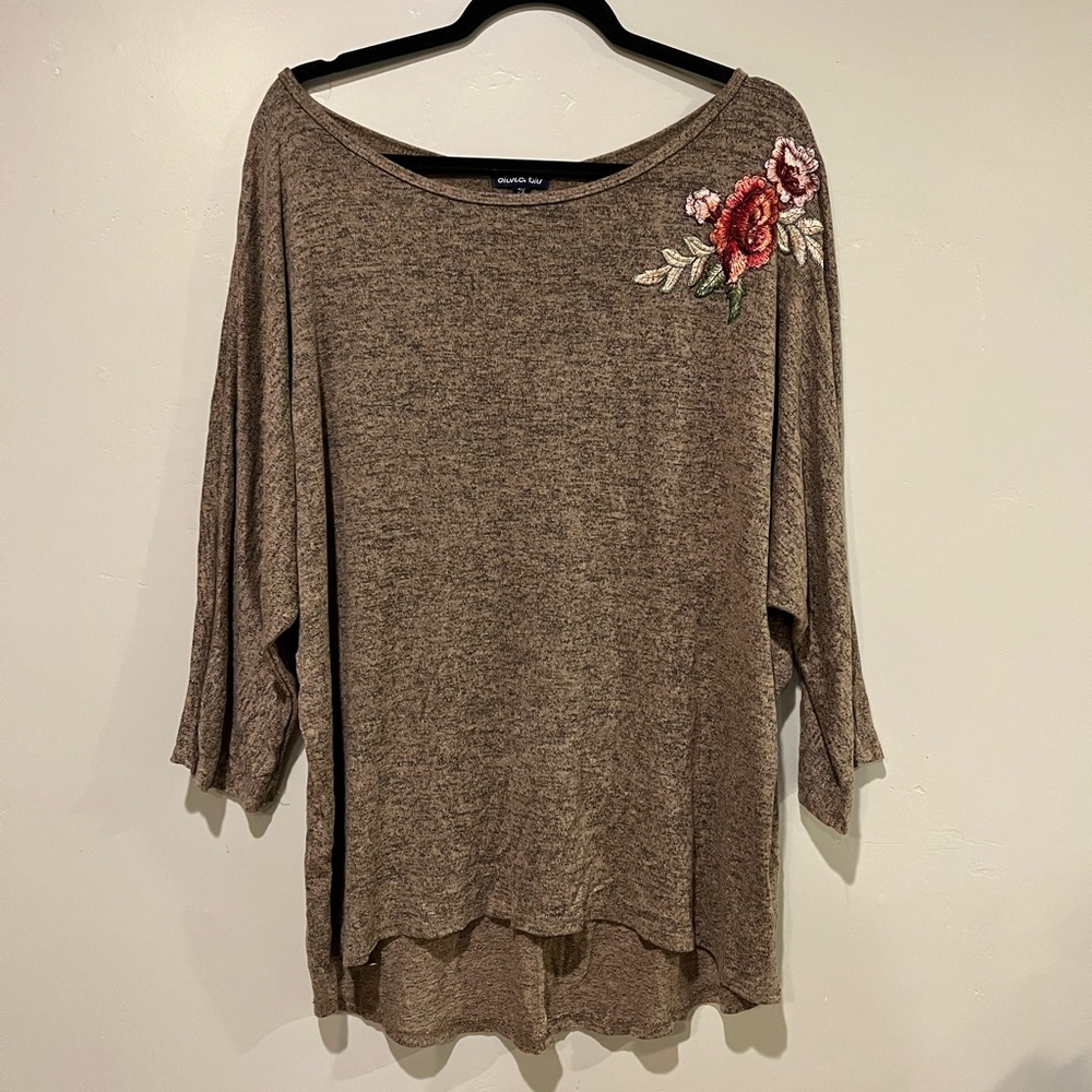 Olivia Blu Brown Marbled Floral Bat Wing Tunic Blouse Women's Size 2X